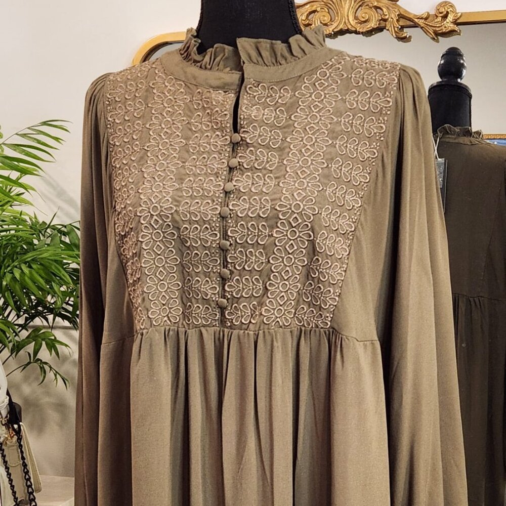 Olive Green Boho Embroidered Maxi Dress (Size L, NWT) Fall Fashion Boot Dress